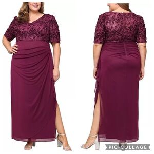 Alex Evenings Soutache Bodice‎ Gown Wine 16 Petite